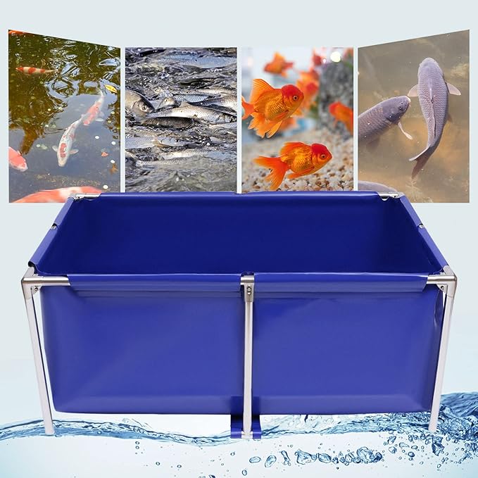 Canvas Fish Pond Foldable Water Storage with Steel Tubes & Drain Valve Blue Aquarium Pool for Koi Goldfish Tank Breeding Indoor Outdoors