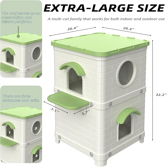 2-Story Large Outdoor Cat House - Weatherproof & Waterproof Elevated Shelter for Feral Cats, Sturdy Plastic Design, Easy Assembly Indoor/Outdoor Use