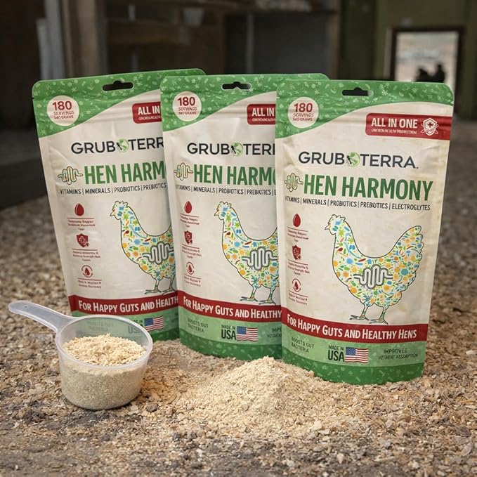 GrubTerra Hen Harmony – All-in-One Chicken Electrolytes for Water with Probiotics & Prebiotics, Daily Gut Supplement and Vitamins Supporting Hydration, Digestion, Egg Production – 180 Servings