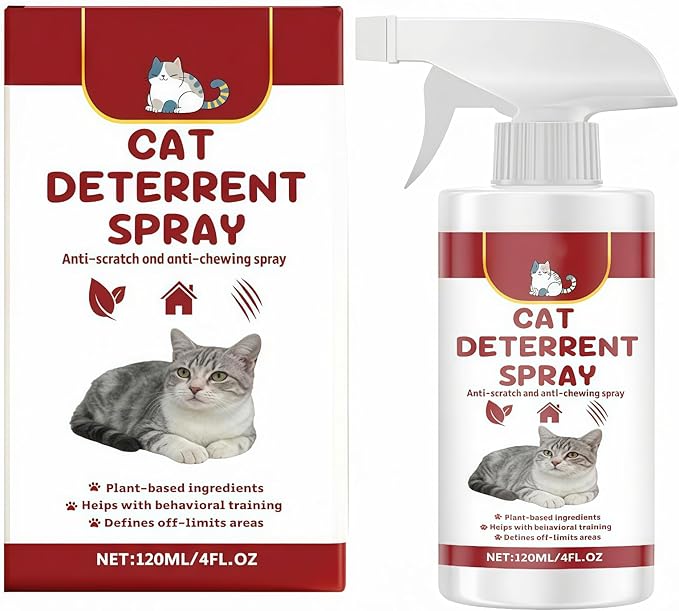 Cat Deterrent Spray, Indoor & Outdoor Pet Training Aid, Cat Scratch & Urine Marking Deterrent for Furniture Protection, Plant-Based Safe Formula for All Cat Ages (4 Fl Oz/120ml)