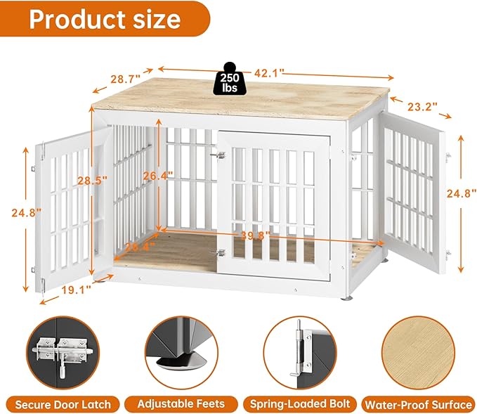 42" Heavy Duty Dog Crate Furniture for Small,Medium and Large Dogs,Rustic Wooden Dog Cage Kennel Indoor Furniture with Waterproof Top,Decorative Pet House Side End Table (White & Wood)
