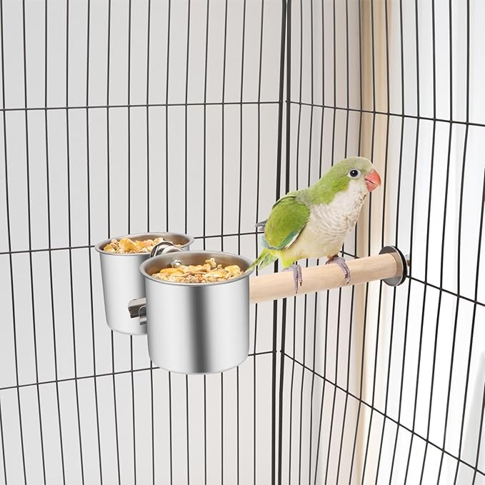 Bird Wood Stand Perch with Food Water Feeding Bowl for Parrot Parakeet Cockatiel Cage Accessories (A: Perch with 2 Feeder Cups)