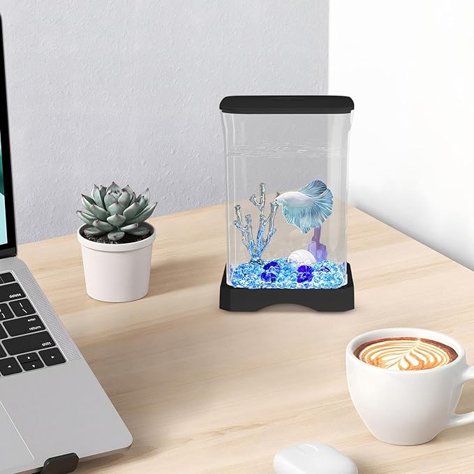 Betta Aquarium Tank - 11.8x11.8x17.7cm Small Led Fish Tank, Desktop Aquariums Starter Kit, Mini Aquariums Bowl | 4k Hd Ornamental Aquarium with Light for Home Decor, Apartment, Kitchen, Study Room