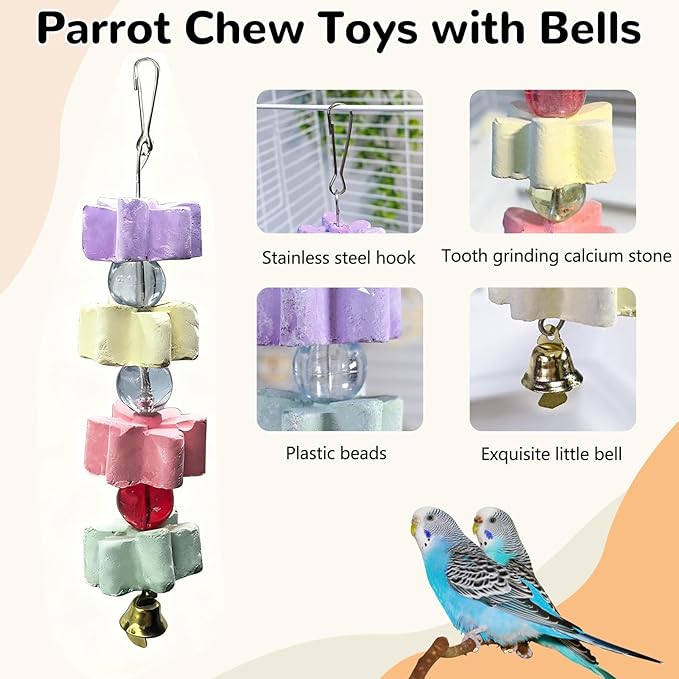 6Pieces Parrot Beak Trimmer Bird Beak Grinding Stone Teeth Lava Block Mineral Calcium Rock Chewing Toys with Bell for Parakeet Conure Budgies Rabbit Chinchilla Hamster
