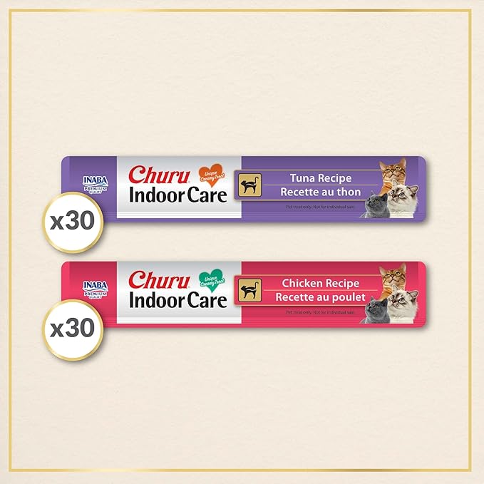 INABA Churu Indoor Care for Hairball Control, Functional Lickable Cat Treat with Taurine & Green Tea Extract, 0.5oz Each, 60 Tubes Total, Tuna & Chicken Variety