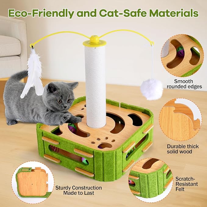 5-in-1 Cat Toys Interactive Wooden Cat Puzzle Toy Intelligence Treat Puzzle Feeder Box Game Enrichment Accessories with Jingle Balls, Wands, and Spiral Springs for Indoor Kitten Adult Cat