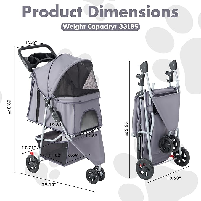 DUMOS 3 Wheels Pet Stroller for Small Dogs and Cats – Foldable Dog Stroller with Mesh Windows, Storage Basket & Cup Holder, Lightweight & Durable Pet Carrier for Travel, Outdoor Use – Grey