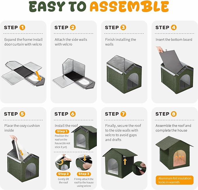 Insulated Outdoor Cat House Weatherproof, Winter Cat Dog Houses for Outdoor Cats with Heated-Foil, Waterproof Feral Stray Cat Shelter with Door Curtain and Warm Mat, Easy to Assemble, Grey