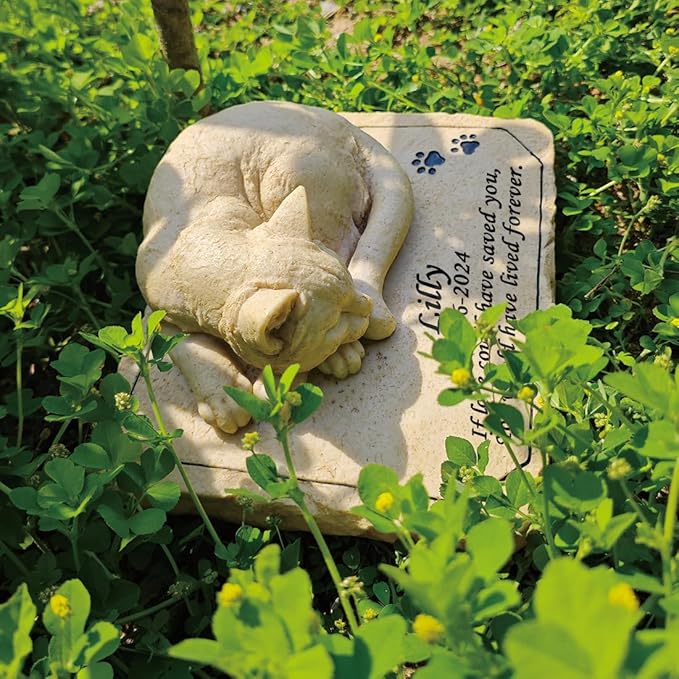 Personalized Cat Memorial Stones Cat Memorial Statue Cat Headstone for Grave Cat Tombstones Pet Loss of Cat Sympathy Gift Home Yard Garden Decor, 8”L x 6.5”W x 3.5”H (Personalized Cat B)