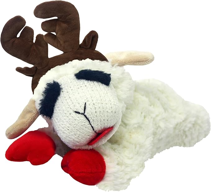 Multipet Lamb Chop Dog Plush Toy w/ Holiday Antlers - Squeaky Toy for All Dogs - Extra Soft Plush - Stuffed Animal for Cuddling & Playing (6”, Cream/Brown)