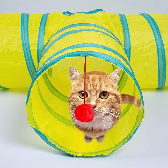 3 Way Cat Tunnel Collapsible Fun Pet Play Tube Toys for Cats, Kittens, Puppies & Rabbits - Portable Tunnel with Hanging Ball for Indoor Play, Hideout & Exercise