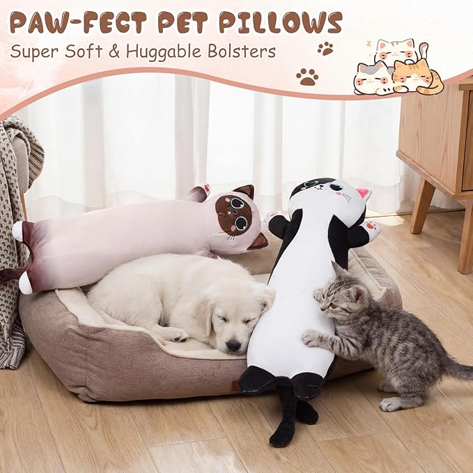 2 Pcs Large Kitty Shaped Pillows for Dogs and Cats Pet Plush Gifts Long Body Stuffed Animal Sleeping Pillows for Medium Large Sized(Cute,Brown,White)