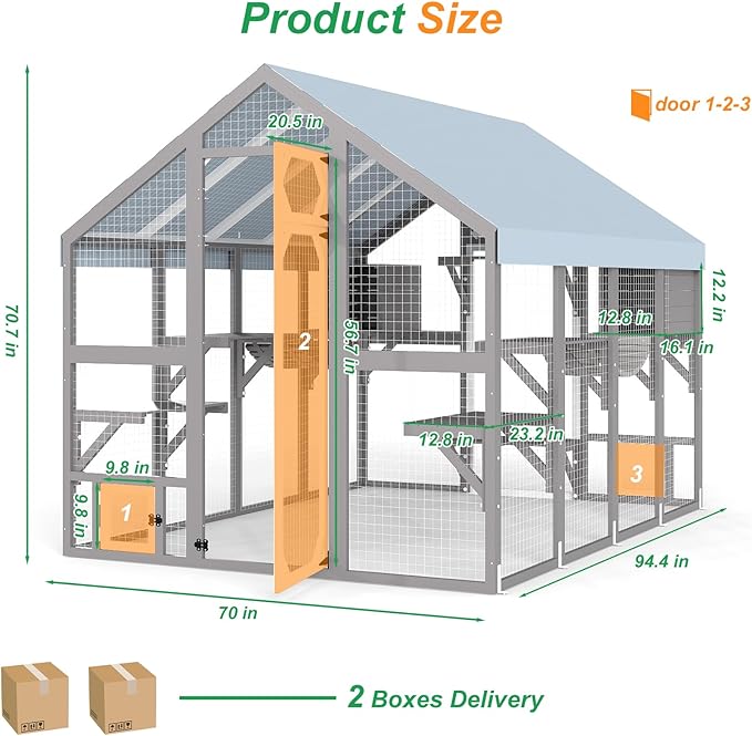 Extra Large Catio, Walk-in Outdoor Cat Enclosure with Weatherproof Cover, 8 Platforms & 2 Resting Boxes, Bridges & Window Connecting for Multiple Cats, Patio Backyard Pet Habitat