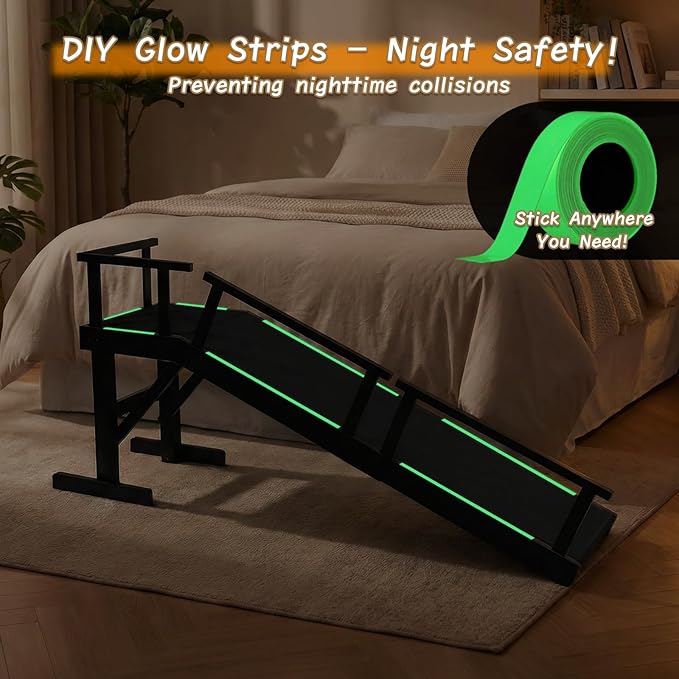 61" Dog Ramp for Bed,Birchwood Pet Ramp with Removable Side Rail and Non-Slip Surface, Pet Ramp for Small & Large Dogs with Rest Platform and DIY Glow Strips,Dog Stairs for Couch, Black