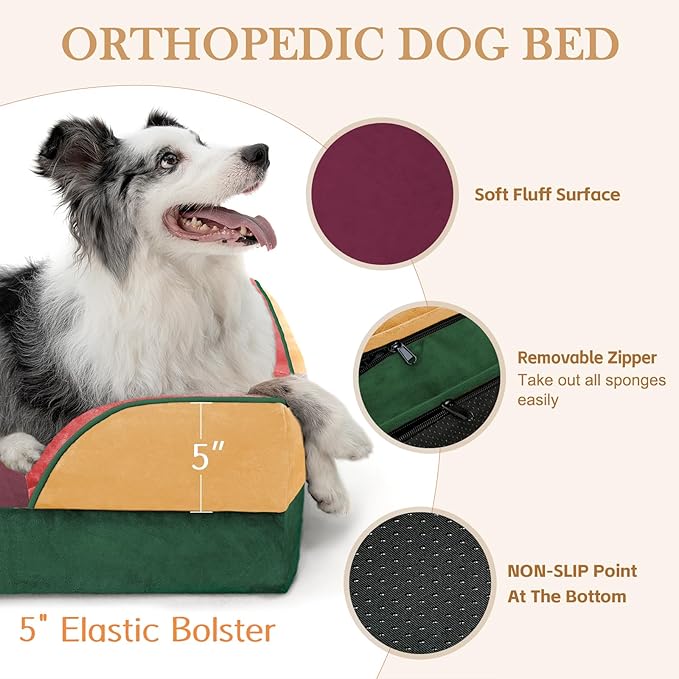 Comfort Expression Orthopedic Dog Bed for Large Dogs 36x27 Inch, Waterproof Egg Crate Foam Large Pet Bed with Removable Bolsters, Dog Couch with Washable Cover & Non-Slip Bottom, Watermelon Meadow