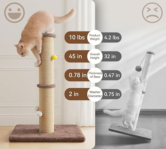 5-Inch Thick Sisal Cat Scratching Post, 36" Tall Scratch Tower with 6.5" Top Perch and Large 20.8×15.9" Stable Base, Durable Cat Scratcher for Indoor Cats, Brown