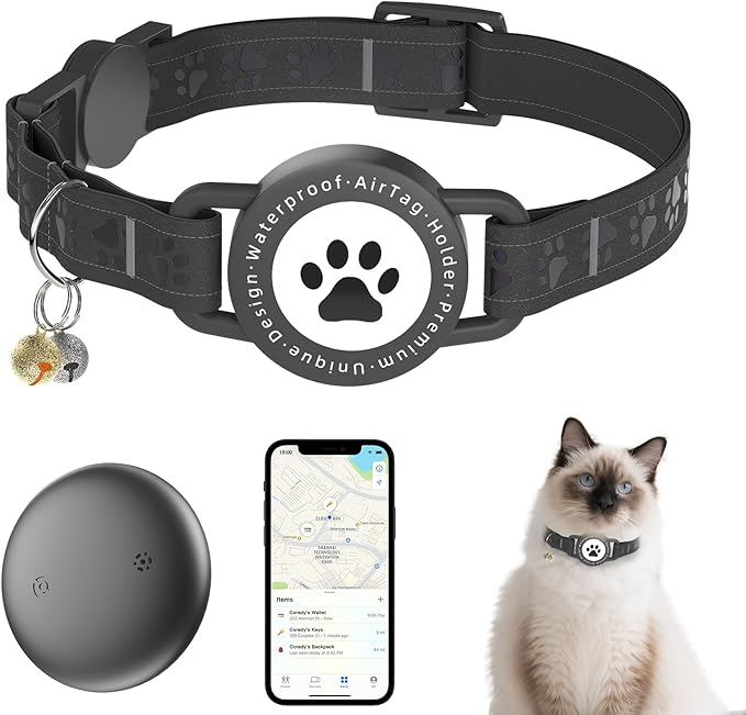 GPS Tracker for Cats, Waterproof GPS Cat Trackers Cats Collar with Bells, No Subscription, GPS Cat Collar, Adapt with Apple Find My (iOS Only) Finder Tag for Items Vehicles, Pets, Kids (Black)