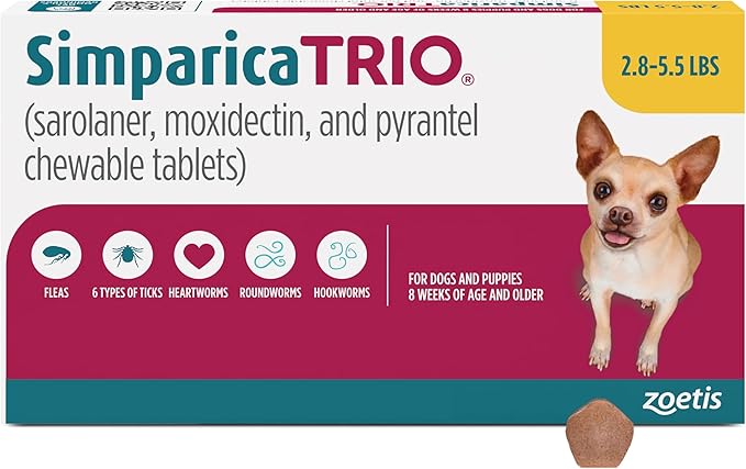 Simparica Trio (sarolaner, moxidectin, and pyrantel chewable Tablets) Chewables for Dogs, 3 mg/tab, 2.8-5.5 lbs, (Gold), 6 Tablets