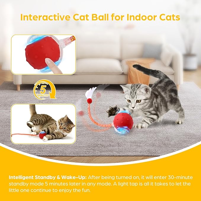Interactive Cat Toys Ball, 2 Pcs Automatic Moving Cats Toy with Elastic Mesh Bell Tail, Rechargeable Cat Ball for Bored Indoor Adult Cats, Energetic-cat (Red+Blue)