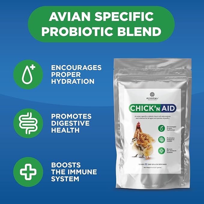Pivotal Chick’n Aid Chicken Supplement for All Ages (8 oz, Pack of 1) - Chicken Vitamins, Electrolytes, and Probiotics - Multipurpose Poultry Vitamins for Chickens, Ducks, and Turkeys