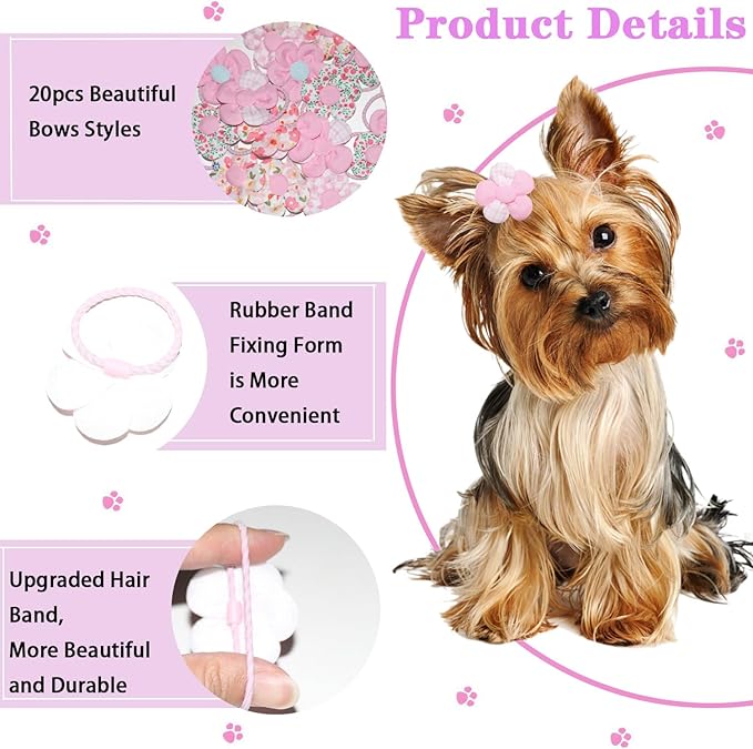 20 Pcs Handmade Cute Puppy Hair Bows, Flower Bowknot with Rubber Bands for Small Dog Hair Ties Accessories Powder Pink