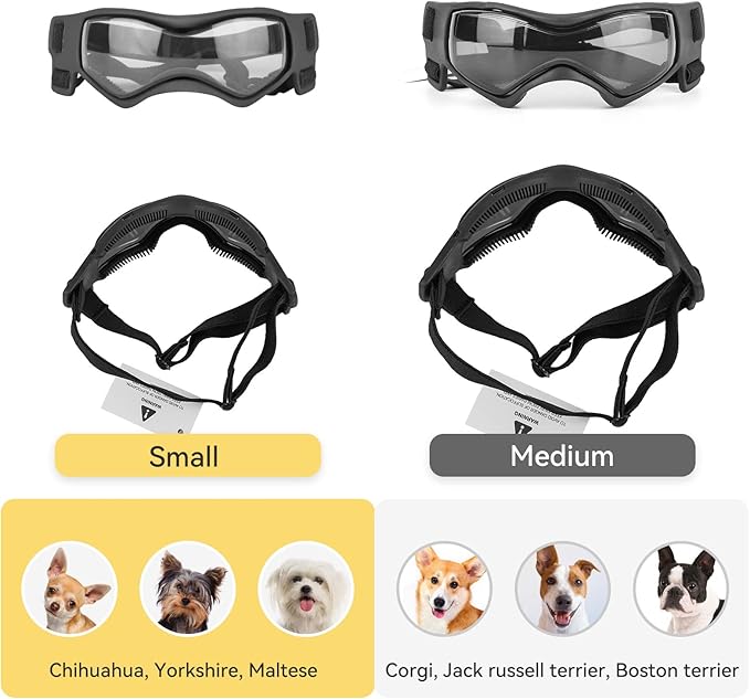 Dog Goggles Small Breed, Dog Sunglasses Small Breed Dog Eye Sun Light Protection, UV Protection Goggles for Dog with Adjustable Straps, Small Black