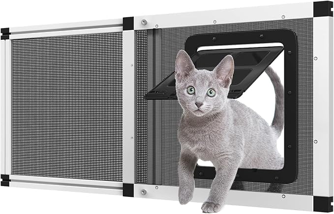 Ventilated Pet Door for Window, Fits 28.5"-32" Width Window, 2-Min Install | Aluminum Frame + Stainless Steel Mesh | Breathable Bug-Proof | Magnetic Closure Window Cat Door, Cat Door for Window Insert