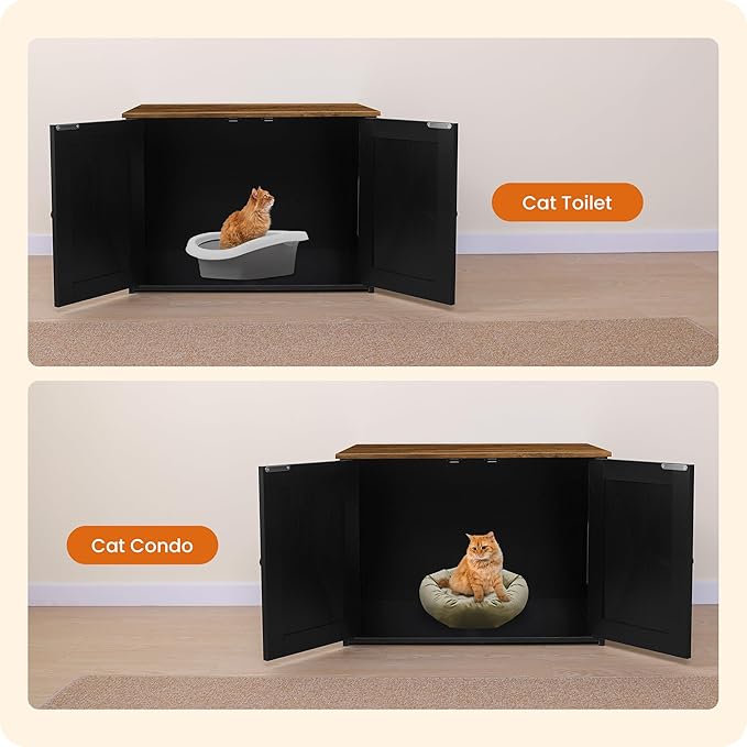 Dwanton Litter Box Enclosure, Cat Litter Box Furniture Hidden, Reversible Entrance Can Be on Left or Right Side, Wooden Cat Washroom Indoor, Black and Warm Brown, 27.6 Inches
