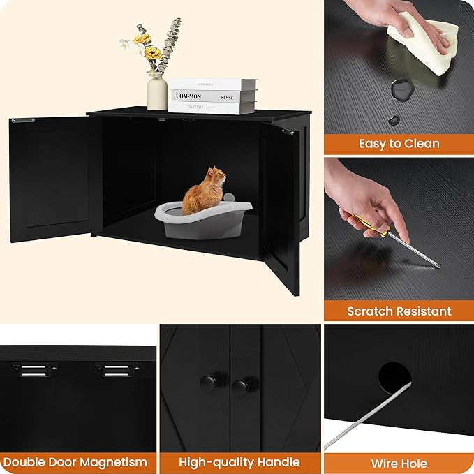 Dwanton Litter Box Enclosure, Cat Litter Box Furniture Hidden, Reversible Entrance Can Be on Left or Right Side, Wooden Cat Washroom Indoor, Black, 27.6 Inches