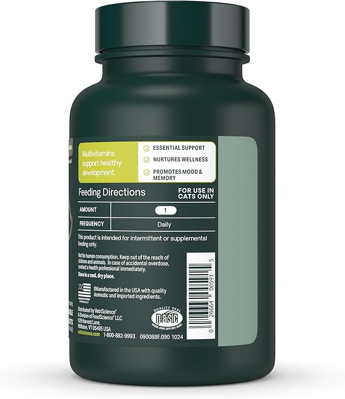 VetriScience 27+ Active Health Chewable Tablets, Nu Cat Daily Multivitamin for Cats and Kittens, Balanced Vitamins, Minerals and Antioxidants, Health and Wellness Support, Fish, 90 Count