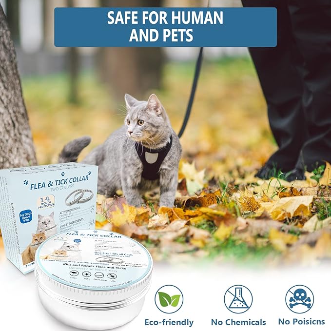 Flea and Tick Collar for Cats, 2 Pack Flea Collar for Cats, Offers 12 Months Protection, Waterproof, Adjustable, One Size Fits All Cat