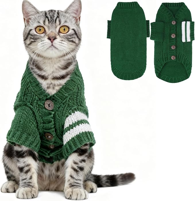 EXPAWLORER Cat Sweater Cardigan - Stylish Knitted Cat Clothes, British Style Soft Puppy Sweater with Sleeve Warm Pet Clothing Knitwear, Fall and Winter Kitten Coat for Girl Boy Cats, Green Small