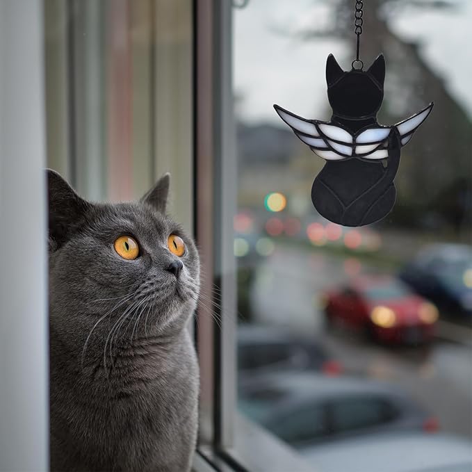 Handcrafted Stained Glass Black Angel Cat Suncatcher - Pet Memorial Gift with Colorful Wings, Cat Lovers Sympathy Gift, Home Window Decor