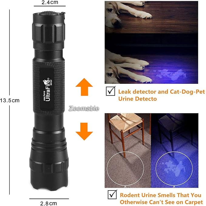 ULTRAFIRE 501B UV Flashlight, Adjustable Focus 395nm Ultraviolet Blacklight Mini Flashlight for Pet Urine Detection, Resin Curing, Scorpion & Bed Bug Detection