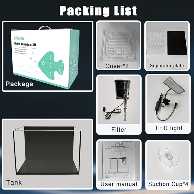 3 Gallon 12.6” L Fish Nano Glass Aquarium, with Separator Plate for Betta, Multi-Functional Square Fish Tank with Filter, LED Light, Black 4mm Glass
