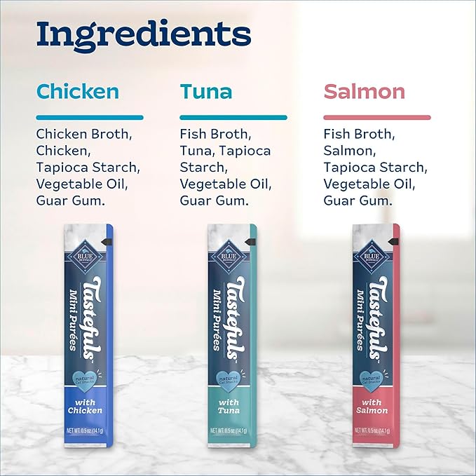Blue Buffalo Tastefuls Mini Purées, Adult Cat Natural Single-Serving Snack, 24-Count Variety Pack Chicken, Tuna, and Salmon 0.5 oz. (Pack of 1)