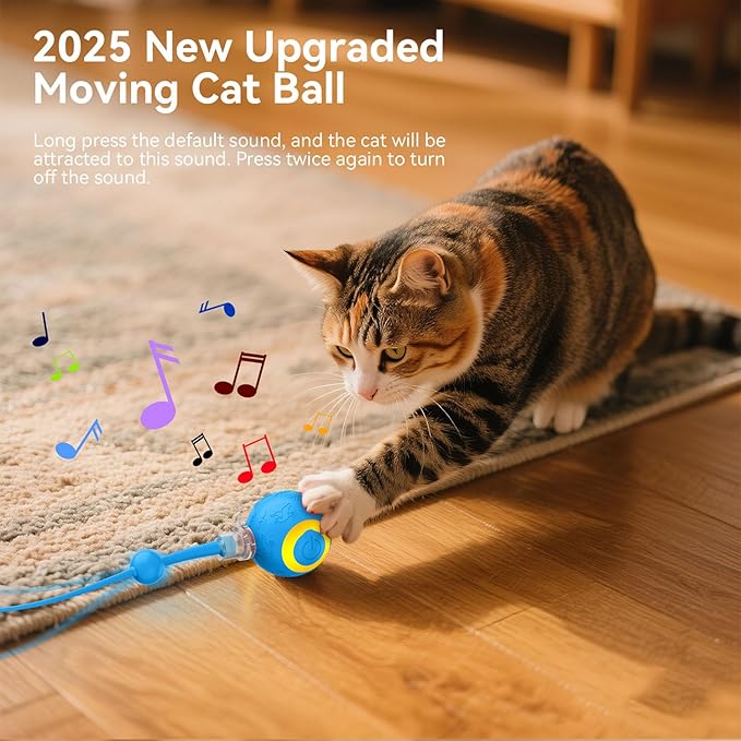 Interactive Cat Toys Ball for Indoor Cats Fast Rolling on Carpet, Chirping & Motion Activate Cat Toys, Slow/Nromal/Fast Mode, ON/Off Sound