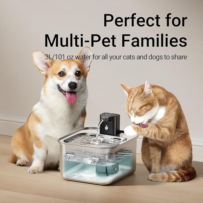 DownyPaws Cat Water Fountain Stainless Steel Wireless, 101 oz/3L FurSink Cordless Water Fountain for Cats, Battery Operated Cat Fountains for Drinking with Motion Sensor, Easy Clean, Metal & 6 Filters