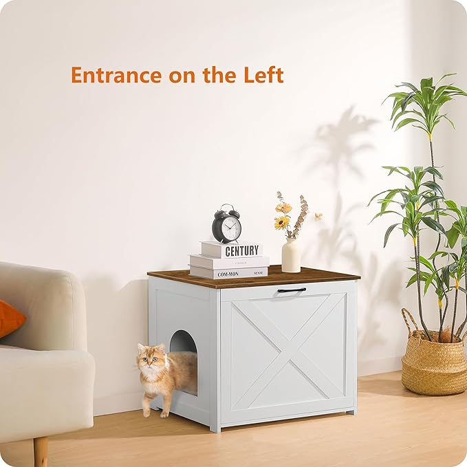 Dwanton Cat Litter Box Furniture Hidden, Cat Litter Box Enclosure, Reversible Entrance Can Be on Left or Right Side, Indoor Cabinet, Wooden Washroom, Nightstand, White and Warm Brown, 27.6" L