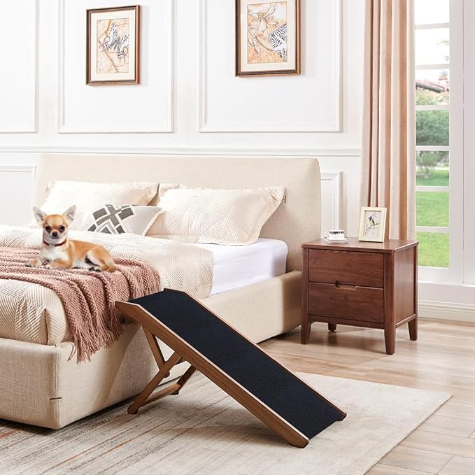 beeNbkks Pet Ramp for Small Dogs Cats, Foldable Wooden Dog Ramp with Safe Landing Platform and Non-Slip Traction Rubber Mat, 4 Adjustable Heights, for Elderly Injured Pet to Reach Couch Sofa High Bed