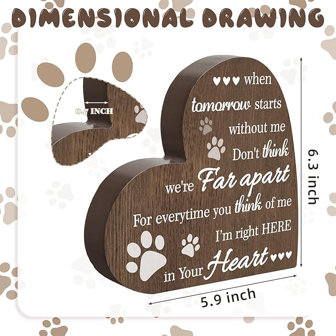Maitys Pet Memorial Gifts Bereavement Remembrance for Loss of Dog Cat Sympathy Condolence Gifts Heart Shaped Wood Sign When Tomorrow Starts Without Me Wooden Plaque for Table Desk Decor(Brown)