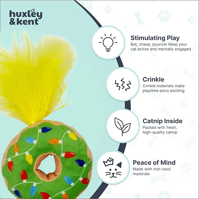 Huxley & Kent Plush Cat Toy - Holiday Interactive Catnip Toy for Cats & Kittens - Soft with Crinkle & Catnip - Fun Indoor Play - Lit Donut