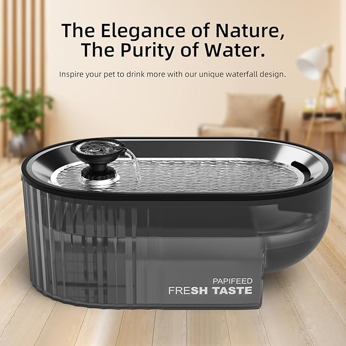 Cat Water Fountain Stainless Steel with a Silicone Mat, 84oz/2.5L Automatic Cat Water Fountain with Water Level Window and LED Light, Quiet Low Power Cat Water Bowl & Cat Water Dispenser(Black)