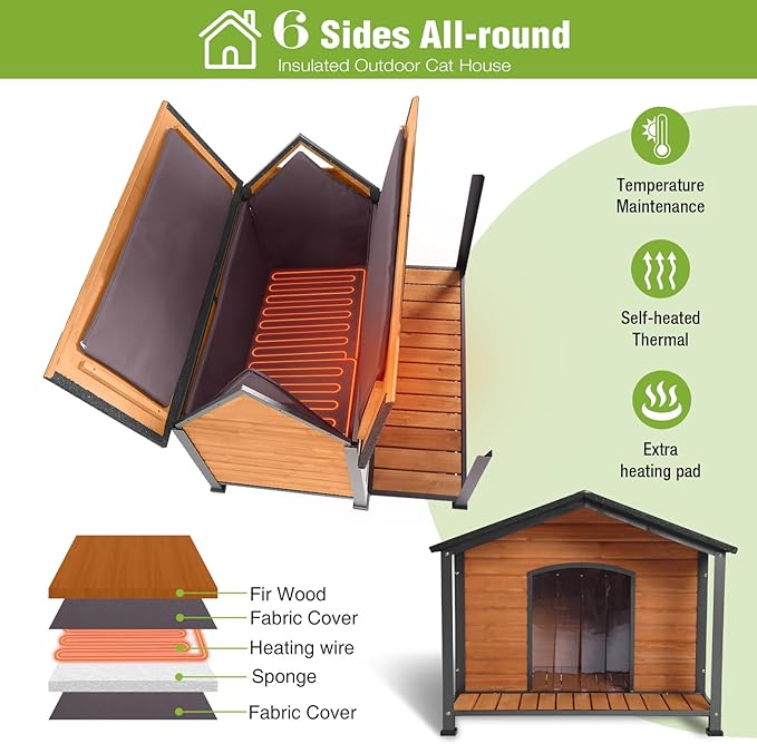 GUTINNEEN Extra Large Heated Dog House for Outside XXL Insulated Dog House Outdoor Dog Kennel with Safe Heated Pad, Chew-Proof Metal Frame, Thermal Liner for Large Dog Breeds, 44.5" L x 45" W x 35" H