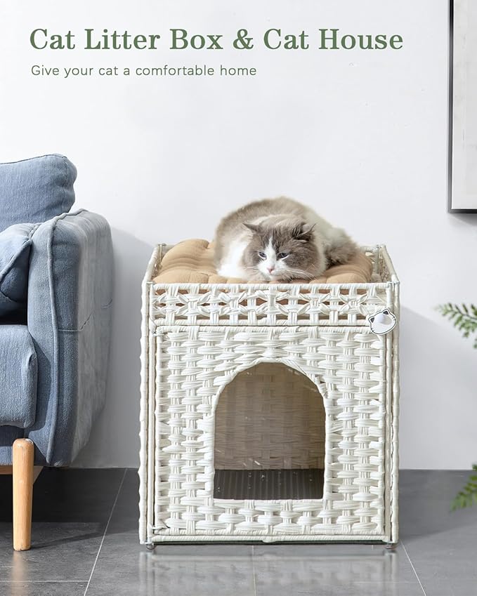Cat Litter Box Enclosure Furniture, Hidden Litter Box with Mat and Fence, Handwoven Rattan Cat House with Two S-Shaped Hooks for Living Room, Bedroom, 18.5 x 20.5 x 19.1 Inches (White