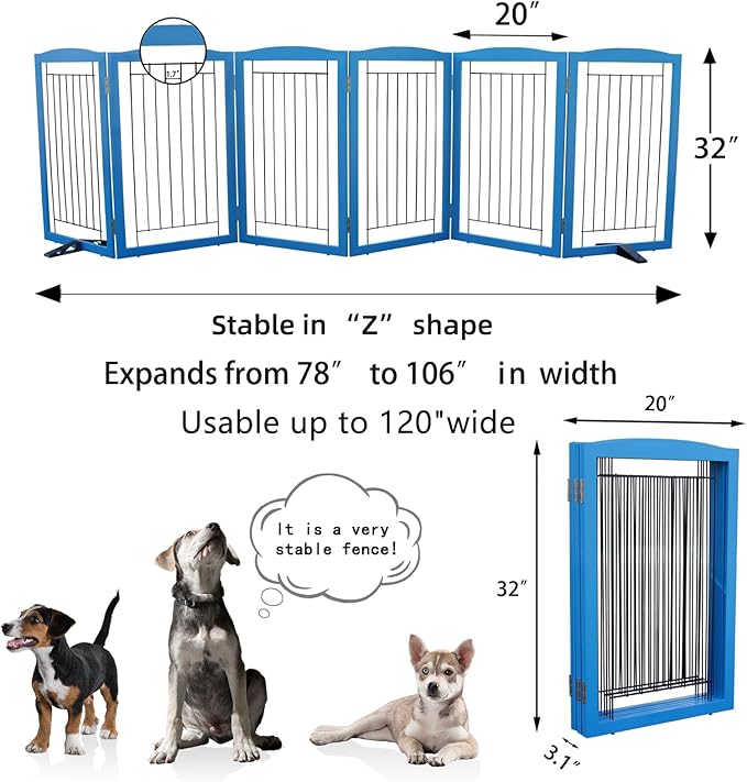 ZJSF Freestanding Dog Fence Indoor, Foldable Dog Gate for Doorways, Stairs or Hallways, Sturdy Wood Extra Wide Pet Gate with Support Feet for The House, Blue, 32 "Height-6 Panels