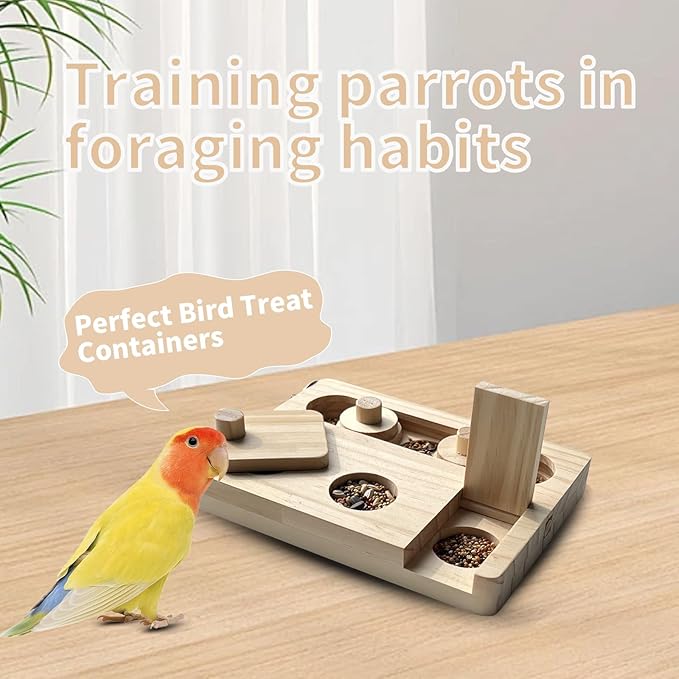 Wooden Bird Foraging Puzzle Toys for Parrots, Parakeet, Cockatiel, Sun Conures, Interactive Mental Enrichment Birds Toy, Bird Seed Slow Feeder Toy for Cage