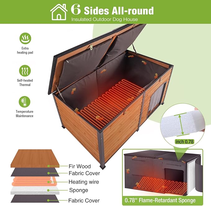 GUTINNEEN Extra Large Heated Dog House Outdoor Insulated Dog House Weatherproof Dog Shelter with Heated Pad, Insulated All-Round Thermal Liner, Chew-Proof Design for Large Dogs (Winter-Ready)