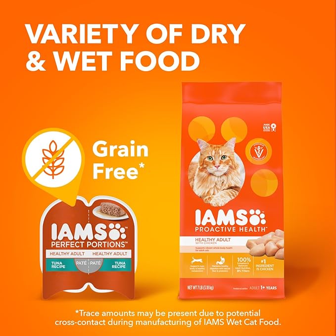 IAMS Perfect Portions Sensitive Digestion & Skin Wet Cat Food Pate, Healthy Adult Grain Free Pate, Chicken Recipe, 2.6 oz. (24 Twin Packs)
