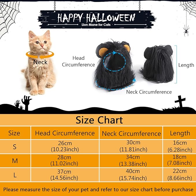 Cat Halloween Costumes- Black Lion Mane Wig Pet Costumes Hat for Halloween Christmas Dress Up Accessories Decoration for Kitten Cats, Size S